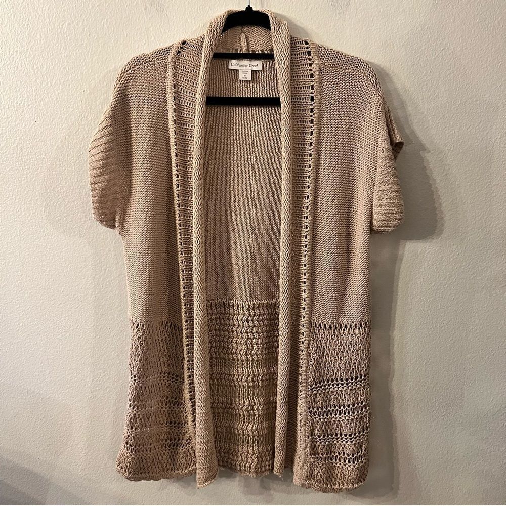 Coldwater Creek Cardigan Beige Knit Open Front Short Sleeve Shiny Threads Size M
